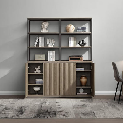 SICOTAS Book Shelf Fluted Bookshelf Cabinet - 75" Tall Bookcase 6 Tier Large Bookshelves with Doors Storage Modern Double Wide Book Shelves Case for Living Room Home Office Library, Metal Frame, Grey