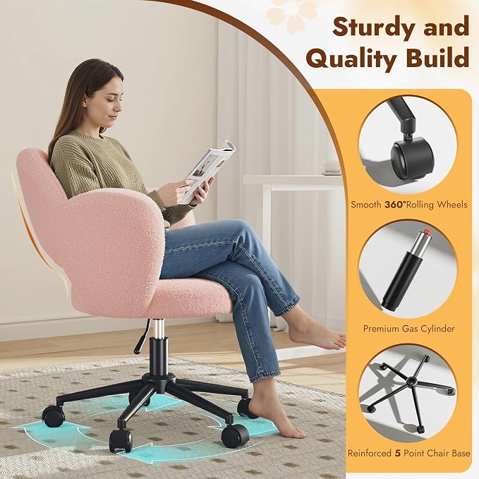 Homkdom Petal Vanity Chair with Wheels, 3.94" Thick Comfy Desk Chair, Swivel Armless Chair with Open Back and Adjustable Height, Ideal for Makeup Study Work and Relaxation, Pink