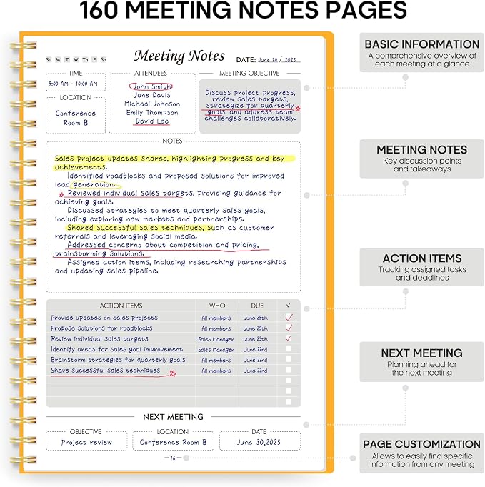 Meeting Notebook for Work Organization - Work Planner Notebook with Action Items, Agenda Planner for Note Taking, 160 Pages (6.9" X 9.9") Project Organizer for Men & Women - Yellow