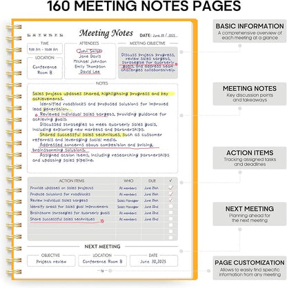 Meeting Notebook for Work Organization - Work Planner Notebook with Action Items, Agenda Planner for Note Taking, 160 Pages (6.9" X 9.9") Project Organizer for Men & Women - Yellow
