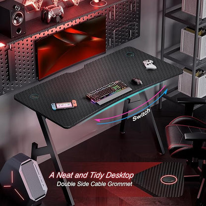 HLDIRECT 55 Inch Gaming Desk, Large Computer Desk Gaming Table with Cable Management, Ergonomic Carbon Fiber Gamer Table Pc Work Home Office Desks with Cup Holder & Headphone Hook & Mouse Pad, Black