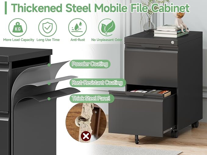 2 Drawer File Cabinet with Lock,Small Filing Cabinet for Home Office,Rolling Metal File Cabinets with Wheels for Letters/Legal/A4 Size, Assembly Required,Black