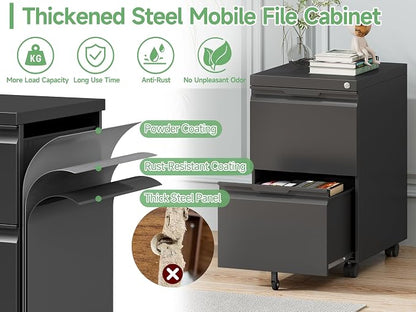 2 Drawer File Cabinet with Lock,Small Filing Cabinet for Home Office,Rolling Metal File Cabinets with Wheels for Letters/Legal/A4 Size, Assembly Required,Black