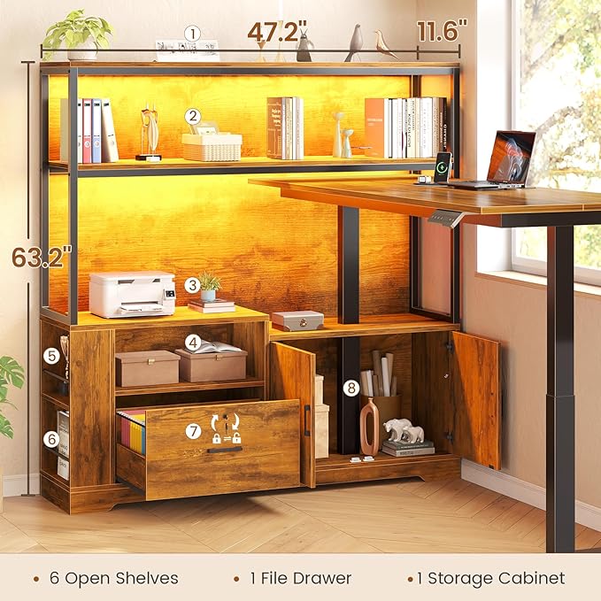 SEDETA 56.7" L Shaped Standing Desk, Reversible Computer Office Desk with Drawers & Hutch, Stand Up Corner Gaming Desks with LED Lights & Power Outlets for Home Office, Rustic Brown