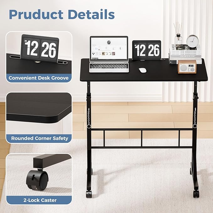 DUMOS 31.5" Walking Pad Desk, Portable Adjustable Height Rolling Laptop Desk with Lockable Wheels, Mobile Stand Up Computer Workstation for Treadmill Home Office Modern Black