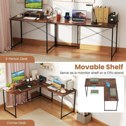 Tangkula L-Shaped Computer Desk with Power Outlets, 95” Long 2-Person Desk with Monitor Shelf, Modern Corner Desk Gaming Table with USB Ports for Home Office