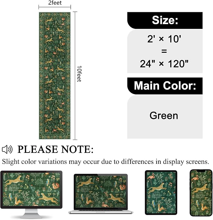 DUKINO 2x10 Rug for Hallway, Washable Kitchen Runner Rug with Non Slip Backing, Soft Low Pile Vintage Animal Runner for Bedroom, Kitchen, Hallway, Entryway, Laundry, Green