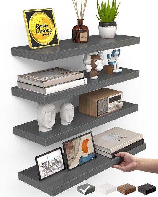 BAYKA Floating Shelves, Gray Wall Mount Wood Shelf 15.7in Set of 4 | Hidden Bracket Design, Max 22lbs Load, Multi-Wall Compatible, Easy Install, Ideal for Bathroom Bedroom Display Storage Decor