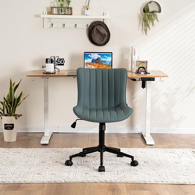 YOUNIKE Ergonomic Armless Office Chair Faux Leather Small Cute Desk Chair with 12° Rocking Back Adjustable Height Swivel Vanity Chair Compact Computer Rolling Task Chair for Small Spaces Greyish Green