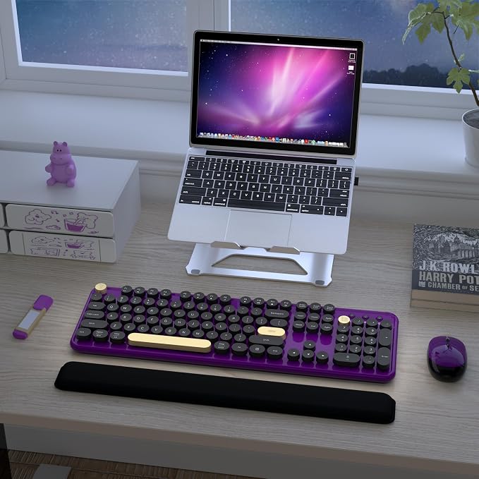 Links9+ Retro Wireless Keyboard and Mouse Combo, 104-Key Full-Size Floating Round Keycaps, 2.4G Plug & Play, USB & Type-C Ready, Ergonomic Set for Mac, Laptop, PC, Windows (Purple-Black)