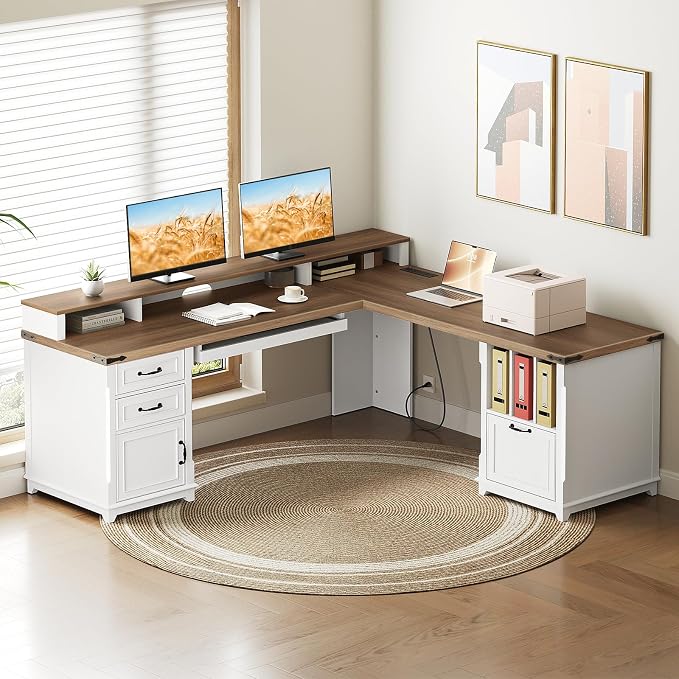 RALGEND Farmhouse 69" Executive L Shaped Desk with Drawer, Home Office Desk with Charging Station, Corner Computer Desk with Monitor Stand, File Drawer, Storage Cabinet, White and Walnut