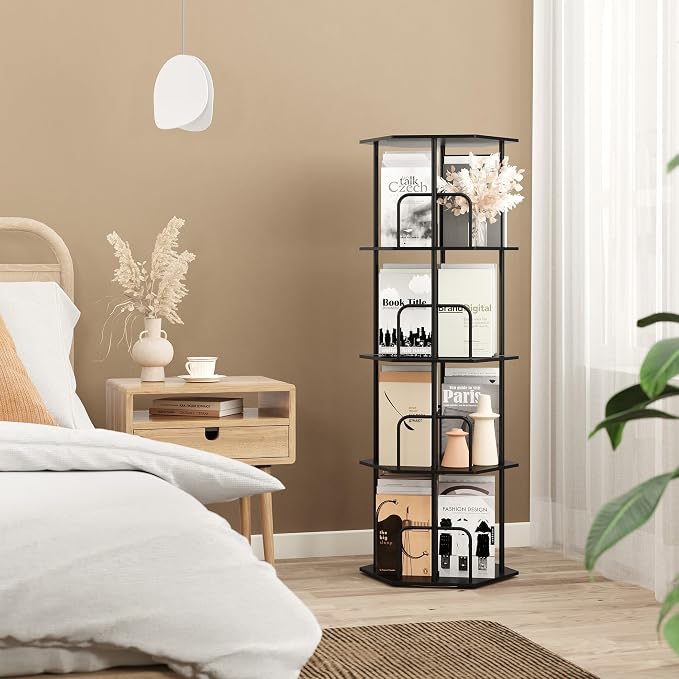 SUNMORY 4 Tier Rotating Bookshelf Tower, Revolving 360 ° Spinning Bookcase, Hexagonal Corner Book Shelf Storage Carousel, Vertical Rotate Turning Organizer Book Shelves for Living Room Office Bedroom