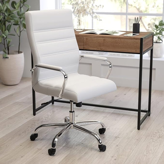 Merrick Lane Milano Contemporary High-Back Office Chair - White Leather Upholstery- Chrome Metal Frame