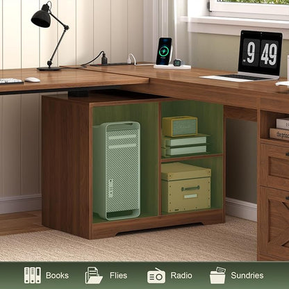 YOMILUVE Farmhouse L Shaped Standing Desk, 66 inch Corner Electric Standing Desk with Drawers ＆ Storage Shelves, Height Adjustable Computer Desk with Power Outlets for Home Office (Brown)