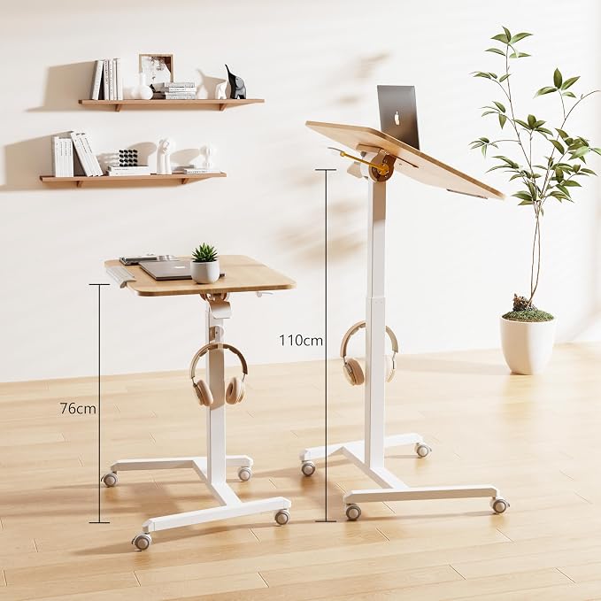 ETHU Tiltable Mobile Standing Desk, Rolling Podium Stand with Magnetic Hook, 90° Tilting Tabletop, Height Adjustable Sit Stand Desk for Home, Office and Classroom, Oak