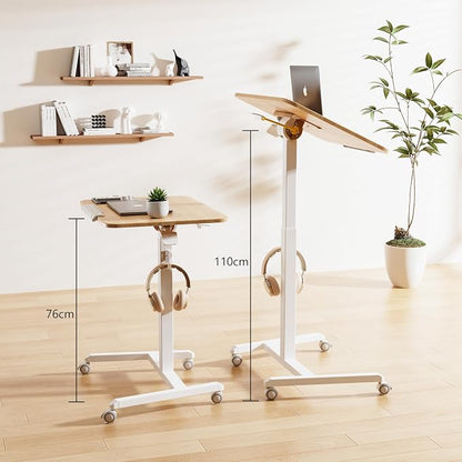 ETHU Tiltable Mobile Standing Desk, Rolling Podium Stand with Magnetic Hook, 90° Tilting Tabletop, Height Adjustable Sit Stand Desk for Home, Office and Classroom, Oak