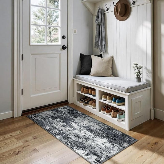 RELEANY Washable Area Rugs 2'x5' Non-Slip Modern Abstract Soft for Living Room Entryway Bedroom Kitchen, Print Pattern, Black Navy Blue Gray