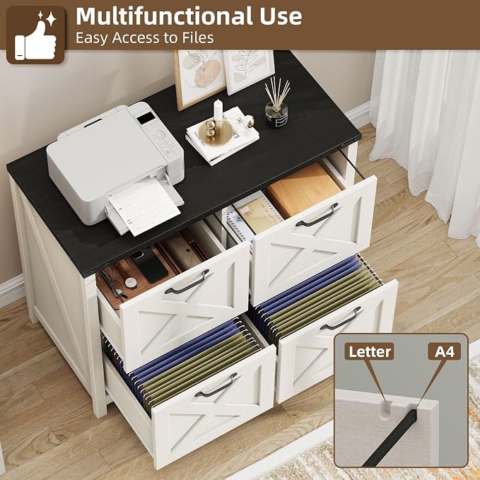 Befrases Farmhouse File Cabinet, Lateral Filing Cabinet with 4 Drawers for Letter/A4 Size Hanging Files, Wooden Printer Stand File Storage Cabinet for Home Office Cabinets, White and Black