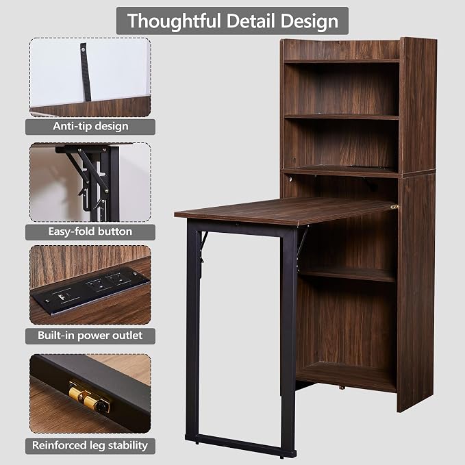 Foldable Desk with Storage,Hidden Desk with Built-in Socket,Fold Out Writing Table for Small Spaces,Home Office and Bedroom (Dark Walnut)