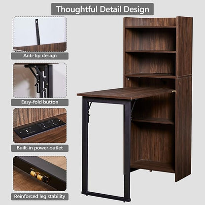Foldable Desk with Storage,Hidden Desk with Built-in Socket,Fold Out Writing Table for Small Spaces,Home Office and Bedroom (Dark Walnut)