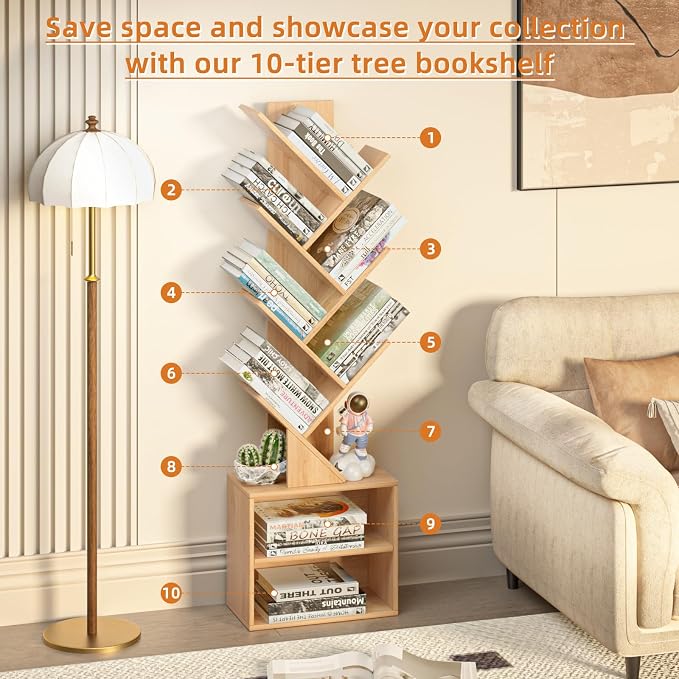 SHEEPAM 10 Tier Tree Bookshelf,Christmas Green Bookcase for Narrow Space, Storage Organizer Floor Standing Bookshelves for Books, Tall Book Case for Home Office, Living Room, Bedroom