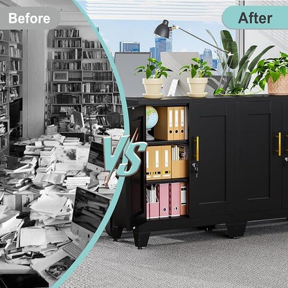 pozdeg Metal Storage Cabinet with 2 Doors, 35.8" H Steel Metal Locker Storage Cabinet with 2 Adjustable Shelves, Versatile Storage Buffet Sideboards for Home Office Garage or Gym (Black)