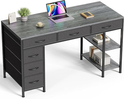 Huuger Computer Desk with 6 Drawers, Office Desk with Shelves, Reversible Gaming Desk, Corner Desk with Storage, Work for Home Office, Study, Living Room, 47inch, Grey