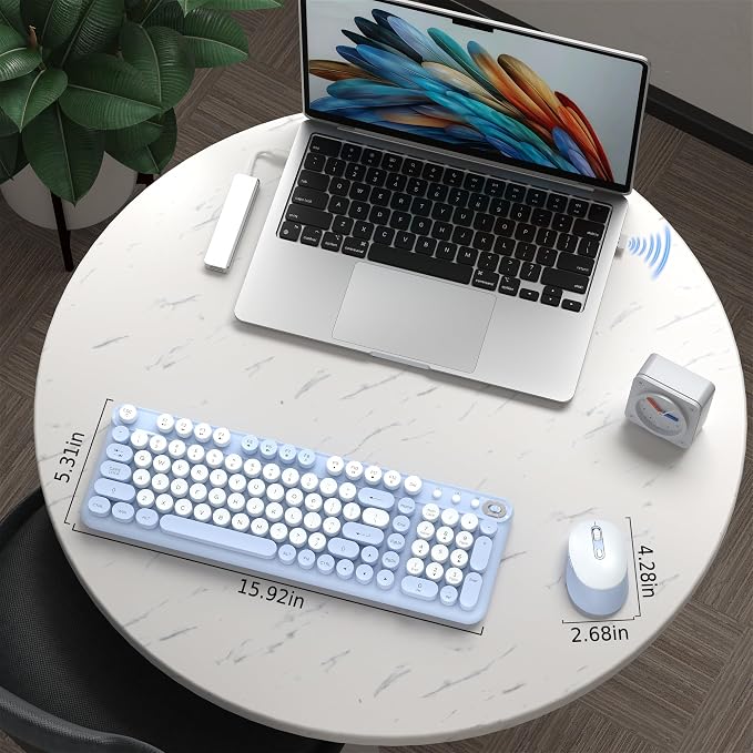 Wireless Keyboard and Mouse Combo, 2.4GHz USB Receiver, Plug and Play, Retro Full Size Typewriter Keyboard and Wireless Mouse for Computer, Laptop, Windows, Mac, and PC (Blue)