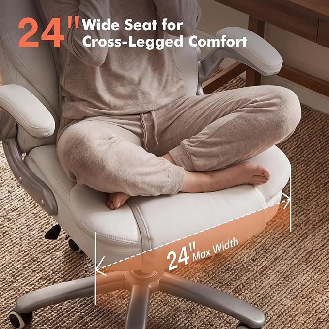 GYI Big and Tall 400lb Office Chair, Leather Executive Desk Chair, White | 24"Wide Seat, High Back, Space-Saving Flip-up Arms, Lumbar Support, Heavy Duty Base, Home, Conference Room