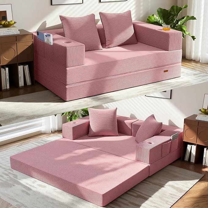 COMAX Futon Sofa Bed, 4‑in‑1 Convertible Sofa Bed, Folding Boneless Couches | Boneless Couch for living room, Fold Out Small Foldable Loveseat Floor Sleeper Mattress Lounge Space‑Saving, Pink
