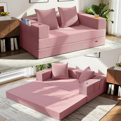 COMAX Futon Sofa Bed, 4‑in‑1 Convertible Sofa Bed, Folding Boneless Couches | Boneless Couch for living room, Fold Out Small Foldable Loveseat Floor Sleeper Mattress Lounge Space‑Saving, Pink