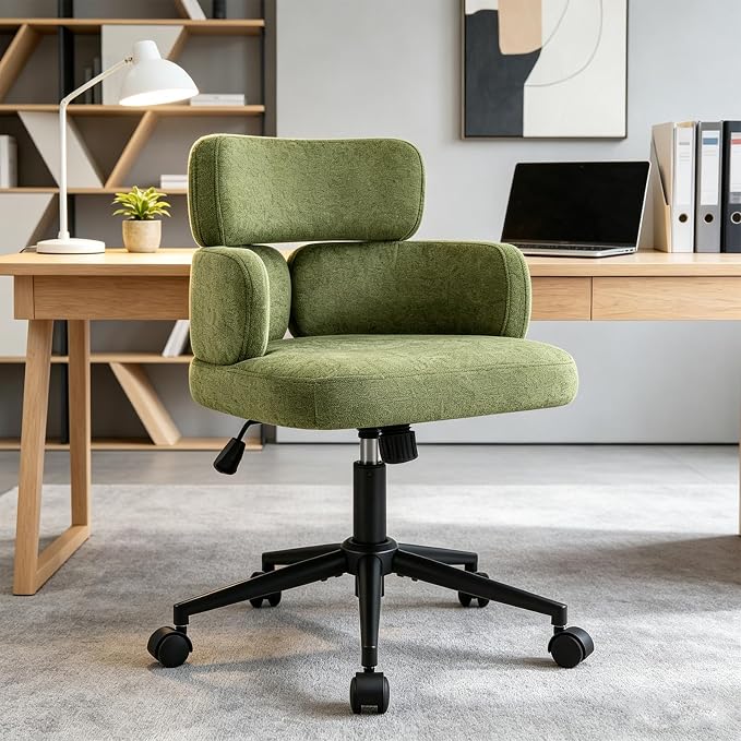 Home Office Chair with Unique Curved Back, Upholstered Wide Seat Desk Chair with Wheels,Swivel Tilt & Height Adjustable, Plush Velvet Fabric Matel Base for Office Study, Green