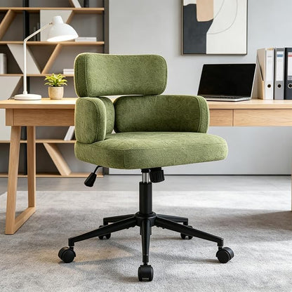 Home Office Chair with Unique Curved Back, Upholstered Wide Seat Desk Chair with Wheels,Swivel Tilt & Height Adjustable, Plush Velvet Fabric Matel Base for Office Study, Green
