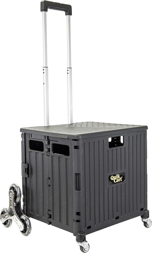 dbest Products Quik Cart Stair Climber Wheeled Rolling Crate Teacher Utility with seat Heavy Duty Collapsible Basket with Handle, 18" D x 17" W x 39" H, Black