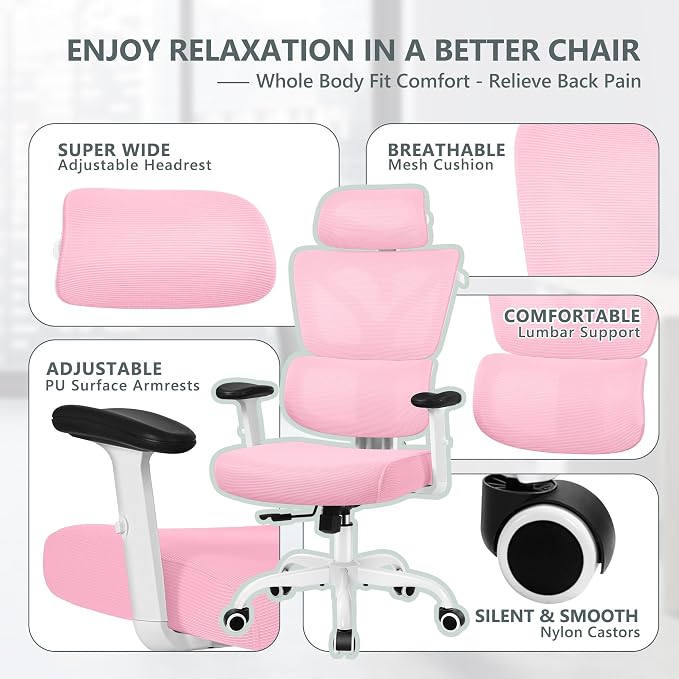 Winrise Office Chair Ergonomic Desk Chair, High Back Gaming Chair, Big and Tall Reclining Chair Comfy Home Office Desk Chair Lumbar Support Breathable Mesh Computer Chair Adjustable Armrests (Pink)