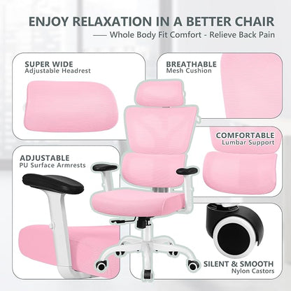 Winrise Office Chair Ergonomic Desk Chair, High Back Gaming Chair, Big and Tall Reclining Chair Comfy Home Office Desk Chair Lumbar Support Breathable Mesh Computer Chair Adjustable Armrests (Pink)