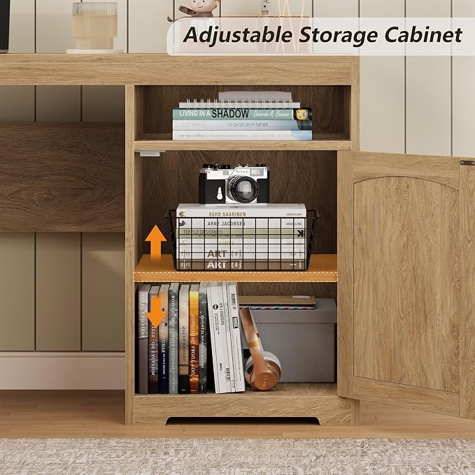 YOMILUVE 63" Farmhouse L Shaped Executive Desk with Drawers & Storage Shelf, Corner Fluted Computer Desk with Power Outlets, L Shaped Office Desk with Monitor Stand, Printer Shelf, Oak