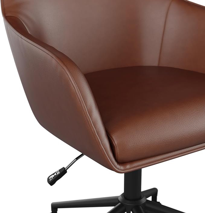 Martha Stewart Rayna Swivel Task Chair with Flared Arms for Home Office in Saddle Brown Faux Leather with Oil Rubbed Bronze Frame