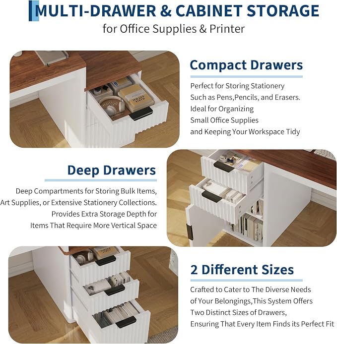 IDEALHOUSE Rectangular Computer Desk with Hutch & Printer Stand, Ripple Door Storage Home Office Desk, Space-Saving Study Writing Desk for Bedroom, Sturdy Board Student Desk with Easy Assembly