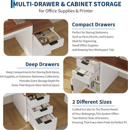 IDEALHOUSE Rectangular Computer Desk with Hutch & Printer Stand, Ripple Door Storage Home Office Desk, Space-Saving Study Writing Desk for Bedroom, Sturdy Board Student Desk with Easy Assembly