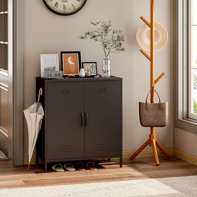 Steehoom Metal Cabinet with 2 Door, All Steel Small Locker Sideboard Buffet Storage Cabinet Console Table for Garage, Office (Black, H35.43'')