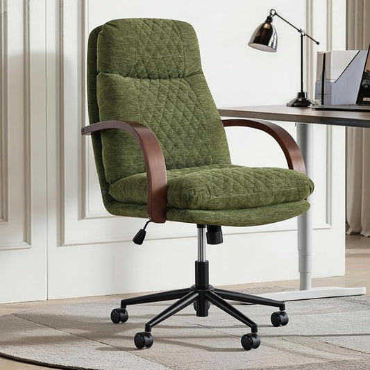 KISLOT Home Office Desk Chair, Ergonomic Office Chair with Lumbar Support, Adjustable Swivel Computer Chair with Wheels, Fabric Executive Task Chair with Wood Arms, Moss Green