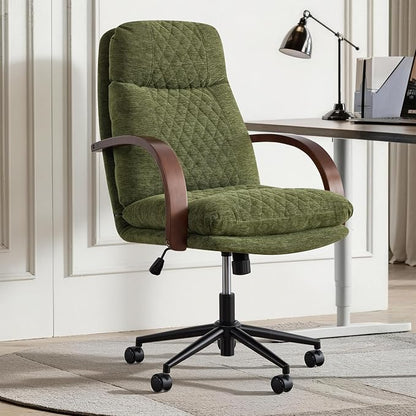 KISLOT Home Office Desk Chair, Ergonomic Office Chair with Lumbar Support, Adjustable Swivel Computer Chair with Wheels, Fabric Executive Task Chair with Wood Arms, Set of 2, Moss Green