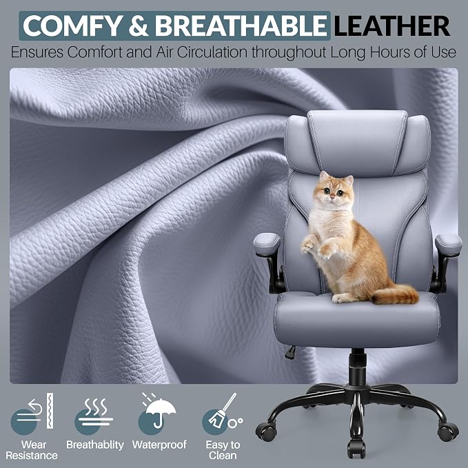 HeroSet Office Chair, Ergonomic Big and Tall Computer Desk Chairs, Executive Breathable Leather Chair with Adjustable Flip-up Armrests, Lumbar Support Swivel PC Chair with Rocking Function,Matte Gray