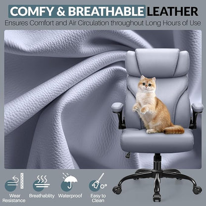HeroSet Office Chair, Ergonomic Big and Tall Computer Desk Chairs, Executive Breathable Leather Chair with Adjustable Flip-up Armrests, Lumbar Support Swivel PC Chair with Rocking Function,Matte Gray