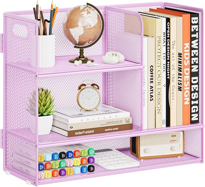 Marbrasse 3-Tier Desk Shelf Organizer with Handle, Desktop Bookshelf File Holder, Mesh Display Shelf Organizer Storage Rack for Office, Home, Supplies, Kitchen (Purple)