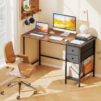 Giantex 48" Computer Desk with 2 Fabric Drawers, Industrial Home Office Desk with Open Storage Shelf, 2-Toned Finish & Metal Frame, Gaming Study Writing Table for Small Space, Bedroom, Rustic Brown