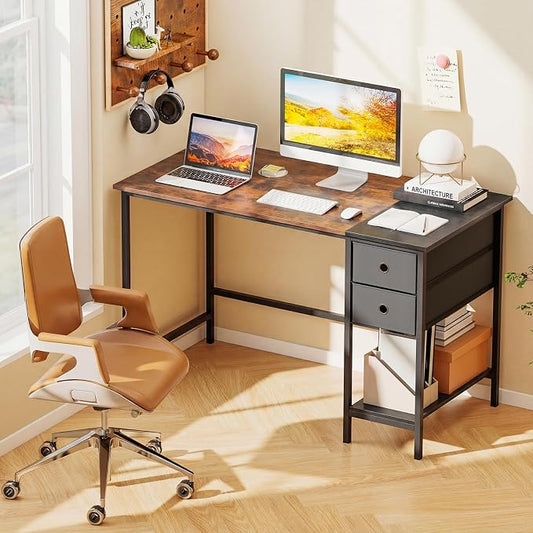 Giantex 48" Computer Desk with 2 Fabric Drawers, Industrial Home Office Desk with Open Storage Shelf, 2-Toned Finish & Metal Frame, Gaming Study Writing Table for Small Space, Bedroom, Rustic Brown