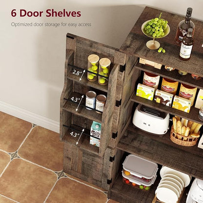 TEENFON Storage Cabinet with 4 Doors, 43.3" H Farmhouse Kitchen Cabinet with 6 Door Shelves, Kitchen Storage Cabinets with Adjustable Shelves, for Living Room, Antique Oak