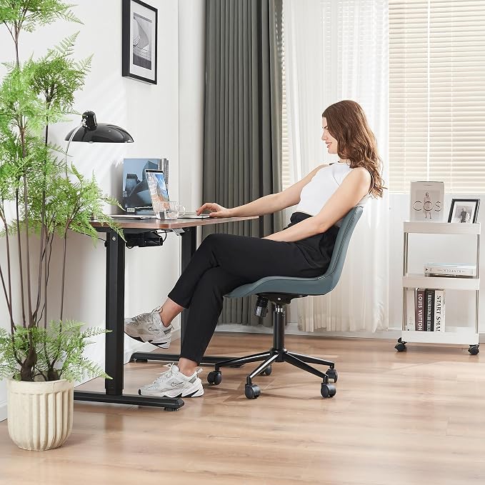 YOUNIKE Office Chair Armless Desk Chair with Wheels, Home Office Computer Task Chair, Modern Faux Leather Upholstered Vanity Chair, Adjustable Swivel Rolling Office Chairs, Grayish Green